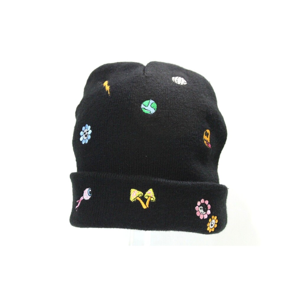 A.LAB Ellison Party Favor Black Beanie Embroidered Peace Hat Winter Skull Cap